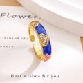 Adjustable gold open ring with dark blue enamel, pink details and sparkling heart zircon - Heart Style / Heart Blue (JZ813)