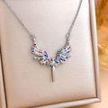 Rainbow cubic zirconia angel wing necklace pendant in a premium gift box - Multicolor Angel (XL309) / Silver