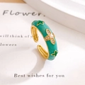 Adjustable floral enamel ring in teal and gold with white pearl and sparkling crystals - Lucky Clover Green (JZ819)