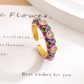 Adjustable gold ring with purple enamel, green stars and sparkling zircon gems - Floral Purple (JZ829)