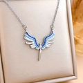 Silver angel wing necklace featuring blue and clear gradient cubic zirconia stones - Blue Angel (XL309) / Silver