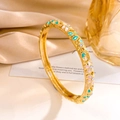 Golden hollow enamel flower bracelet with pink and green floral patterns and sparkling crystals - Gold Pink Green