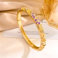 Golden open bangle with purple enamel flowers and sparkling white crystals - Gold Purple & Yellow