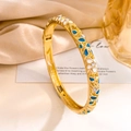 Golden open cuff bracelet with blue enamel floral pattern and sparkling cubic zirconia - Gold White & Blue