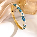 Golden Chinese Begonia flower enamel bangle with deep blue finish and white floral details - Blue