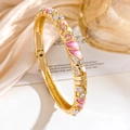 Floral enamel hinged bangle with pink and white hand-painted patterns and crystals - Gold White Pink