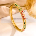 Golden wide bangle with red enamel flowers and green leaves, featuring sparkling crystals - Gold Red & Green