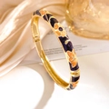 Exquisite golden enamel bangle with purple background and orange floral patterns - Black