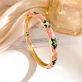 New Chinese style open bangle featuring pink enamel with green floral clover patterns - Pink