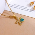 Golden starfish pendant necklace with sea blue enamel and crystal inlay on a thin chain - Gold Small / Teal Starfish Shell (XL4384)