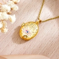 Golden oval locket necklace with Evil Eye and Hamsa Hand enamel detail and zircons - Hamsa Hand Evil Eye Pink (XL5002)