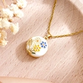 Round floral enamel locket necklace with gold wheat relief and white base finish - Daisy White Round (XL5023)
