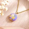 Golden titanium steel locket necklace with purple enamel daisy flower and evil eye detail - Daisy Purple Round (XL5023)