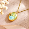 Golden oval locket necklace with blue enamel swan design and white crystal detail - Blue Swan Style (XL4999 Blue Swan Necklace Gold)