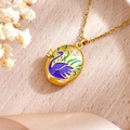 Golden oval locket necklace with purple swan enamel inlay and white zircon detail - Purple Swan Style (XL4999 Gold-Toned Necklace)