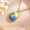 Golden oval locket necklace featuring tropical palm tree and whale tail enamel design - Island Seascape White Style Necklace (XL5000 Gold & White)