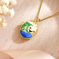 Golden oval locket necklace with enamel tropical palm tree and wave island pattern - Island Seascape Pink Style (XL5000 Island Necklace Gold Pink)