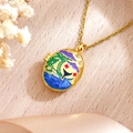 Golden oval locket necklace with enamel tropical palm tree and whale tail pattern - Island Seascape Purple Style (XL5000 Island Necklace Gold Purple)