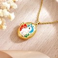 Golden oval locket necklace with white bunny and blue moon enamel on wood background - Little Rabbit Style (XL5001 Little Rabbit Necklace Gold)