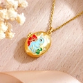 Golden oval locket necklace with blue enamel rabbit and flower on a fine chain - White Bunny Blue Style (XL5001 Gold & Blue Necklace)