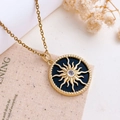 Élégant collier doré avec étoile à huit branches, émail noir et pierre de zircon brillante - Style Soleil Rond (XL5642) / Or Noir