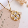 Élégant collier boussole en étoile octogonale dorée avec incrustation de nacre - Style Fleur Quatre Pétales Rond (XL5649) / Or Blanc