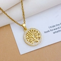 Golden Tree of Life circular pendant necklace with cubic zirconia micro-pave inlays - Round Tree of Life Gold (XL1745)