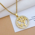 Golden Tree of Life necklace with cubic zirconia pavé and heart-shaped leaves design - Round Tree of Hope Gold (XL1937)