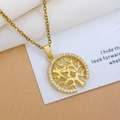 Golden Tree of Life necklace with bird motif and white zircon accents on a cross chain - Round Big Tree Gold (XL2043)