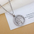 Silver tree of life circle pendant necklace with sparkling cubic zirconia accents - Old Tree Silver (XL3410)
