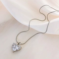 Elegant silver snake chain necklace with a sparkling heart-shaped zircon pendant - White Zirconia - Medium (XL149) / Silver