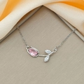Silver tulip necklace featuring a pink pear-shaped gemstone and crystal leaf accents - Necklace / Pink Tulip Necklace Silver