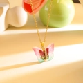 Pink and green gradient butterfly necklace with gold chain and sparkling rhinestones - Pink Green Dream Butterfly Gold