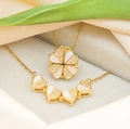 Detail of gold clover heart necklace showing magnetic folding mechanism and pearl inlays - Gold White Heart Clover Necklace (XL501)