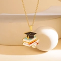 Golden graduation necklace with black mortarboard cap, books, and scroll pendant - Bachelor Cap Book Style (XL2502) / Gold