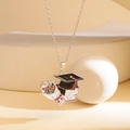 Silver graduate necklace with black graduation cap, red roses and diploma scroll - Bachelor Cap Flower Style (XL2518) / Silver
