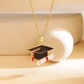 Golden graduation cap necklace with red tassel and white diploma scroll charm - Bachelor Cap Success Scroll Style (XL2546) / Gold