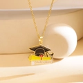 Golden graduate necklace featuring black mortarboard and yellow diploma pendant - Bachelor Cap Graduation Ceremony Style (XL2548) / Gold