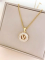 Golden titanium steel box chain necklace with a zircon-encrusted circular V pendant - Letter V / Gold