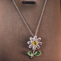 Daisy flower pendant necklace with yellow and white crystals on silver titanium steel chain - Silver + Cross Chain - Light Green Daisy