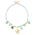 Nautical theme necklace with starfish and turtle pendants in blue and gold cord - Sea Creature Multi-Pendant / Lake Blue (SL169 Lake Blue)