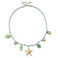 Blue braided rope necklace with golden starfish and sea turtle charms on white backdrop - Sea Creature Multi-Pendant (SL1194) / Sky Blue