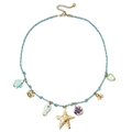 Colorful ocean theme charm necklace with ceramic turtles and gold starfish pendants - Sea Creature Multi-Pendant (SL1193) / Teal