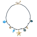 Blue woven cord ocean necklace with ceramic sea turtle, starfish and golden charms - Blue Gold