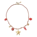 Marine charm rope necklace with red braid, golden starfish and sea creature pendants - Red