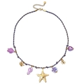 Blue and purple braided ocean necklace with starfish and turtle pendants in gold finish - Violet Blue