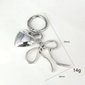 Silver metal keychain with 3D heart and bow pendant, dimensions 83mm by 42mm - Small Heart Bowknot Spring Buckle