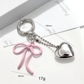 Detail view of pink bow and silver heart keychain showing 100mm length and 42mm width - Pink Bowknot Silver Hook Style (银色桃心蝴蝶结弹簧扣)