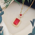 Luxurious gold necklace featuring emerald-cut red gemstone pendant with zircon halo - Lips Chain (XL123) / Red (Gold Tone)