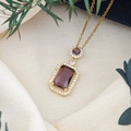 Elegant gold necklace featuring square and round fuchsia zirconia pendants on beige silk - Cross Chain (XL123) / Purple (Gold Tone)